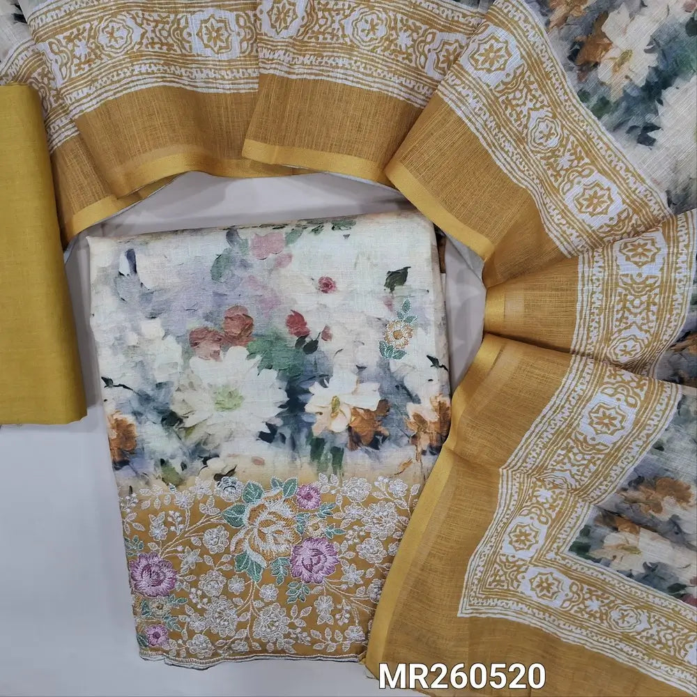Pastel yellow digital printed  glazed cotton unstitched salwar material,(textured,lining optional) embroidery work on front,rich embroidery daman, mehandhi yellow cotton bottom, multicolored digital printed  semi linen dupatta. MR260520
