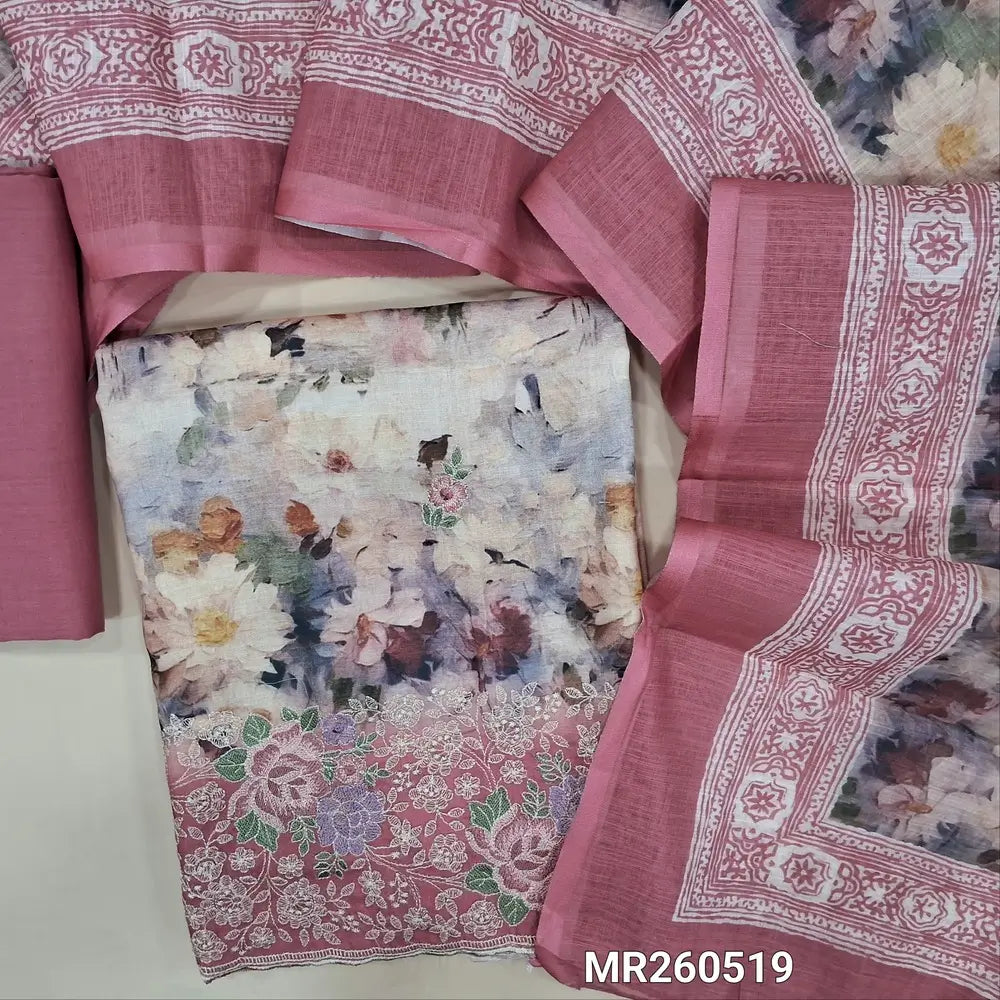 Pastel pink digital printed  glazed cotton unstitched salwar material,(textured,lining optional) embroidery work on front,rich embroidery daman, dark pink cotton bottom, multicolored digital printed  semi linen dupatta. MR260519