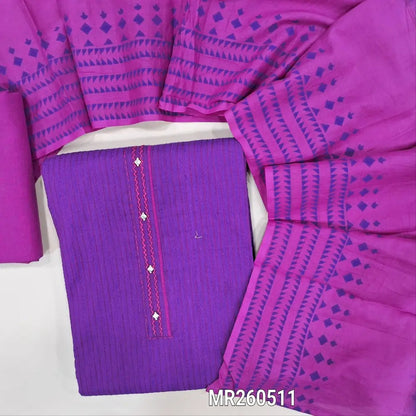 Purple premium handloom cotton unstitched salwar material, hand embroidery yoke with fancy buttons, self weaving on front,(lining needed) pink handloom cotton bottom, hand block printed dual shaded pure mul cotton dupatta. MR260511