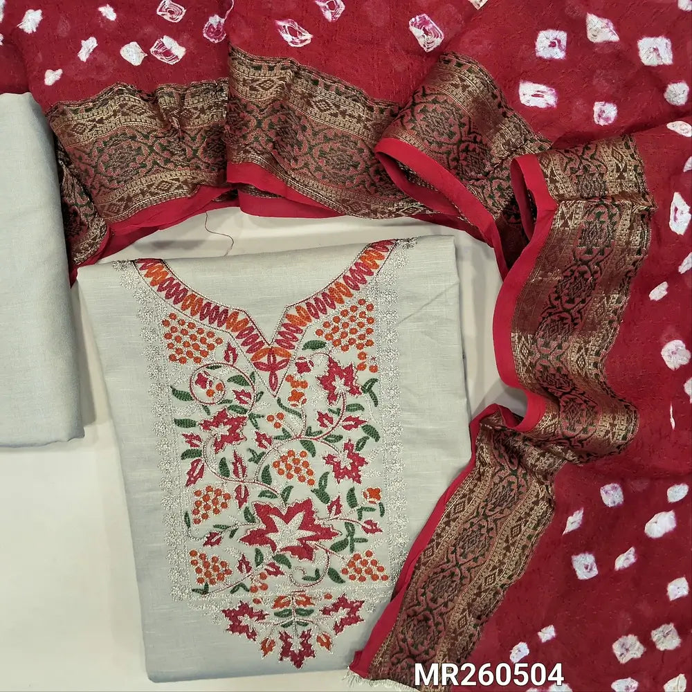 Light greyish beige slub cotton unstitched salwar material,zari and thread embroidery on yoke and front(lining optional) matching spun cotton bottom, bandhini dyed fancy jakard Georgette dupatta with zari woven borders( BORDER DESIGN MIGHT VARY). MR260504