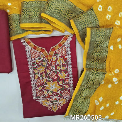Dark maroon slub cotton unstitched salwar material,zari and thread embroidery on yoke and front(lining optional) matching spun cotton bottom, bandhini dyed fancy jakard Georgette dupatta with zari woven borders( BORDER DESIGN MIGHT VARY). MR260503