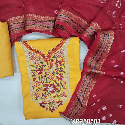 Fenugreek yellow slub cotton unstitched salwar material,zari and thread embroidery on yoke and front(lining optional) matching spun cotton bottom, bandhini dyed fancy jakard Georgette dupatta with zari woven borders( BORDER DESIGN MIGHT VARY). MR260501