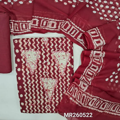 Dark maroon batik cotton unstitched salwar material,batik design with faux mirror work on front, panel design(lining optional)matching cotton bottom, batik design on premium short width  chiffon dupatta (TAPPING NEEDED). MR260522
