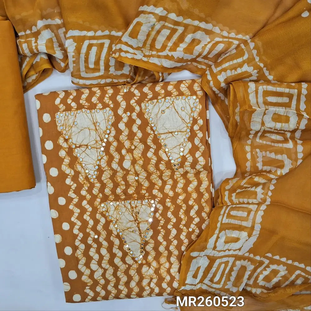 Dark mehandhi yellow batik cotton unstitched salwar material,batik design with faux mirror work on front, panel design(lining optional)matching cotton bottom, batik design on premium short width  chiffon dupatta (TAPPING NEEDED). MR260523