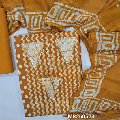 Dark mehandhi yellow batik cotton unstitched salwar material,batik design with faux mirror work on front, panel design(lining optional)matching cotton bottom, batik design on premium short width  chiffon dupatta (TAPPING NEEDED). MR260523