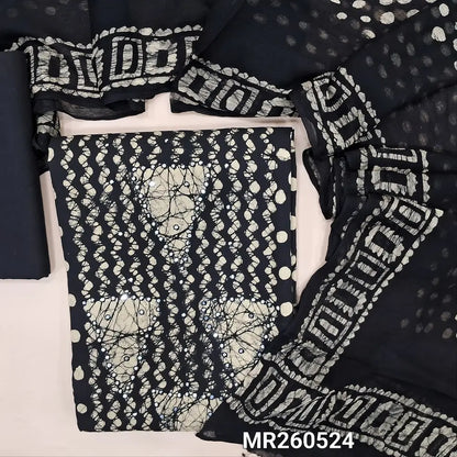 Black batik cotton unstitched salwar material,batik design with faux mirror work on front, panel design(lining optional)matching cotton bottom, batik design on premium short width  chiffon dupatta (TAPPING NEEDED). MR260524