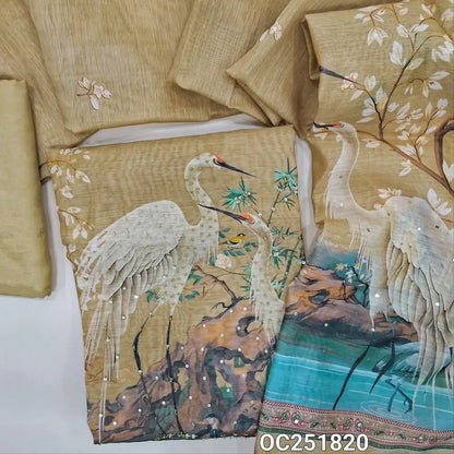 Rich Beige premium silk cotton unstitched salwar material (thin, lining needed), digital printed, sequence, bead work on front, matching santoon bottom, digital printed premium silk cotton dupatta. OC251820