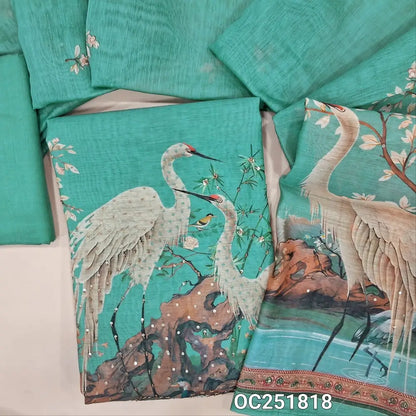 Pastel Blue premium silk cotton unstitched salwar material (thin, lining needed), digital printed, sequence, bead work on front, matching santoon bottom, digital printed premium silk cotton dupatta. OC251818