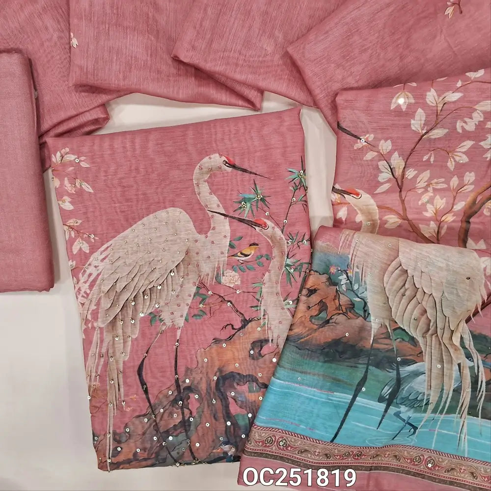 Pink premium silk cotton unstitched salwar material (thin, lining needed), digital printed, sequence, bead work on front, matching santoon bottom, digital printed premium silk cotton dupatta. OC251819