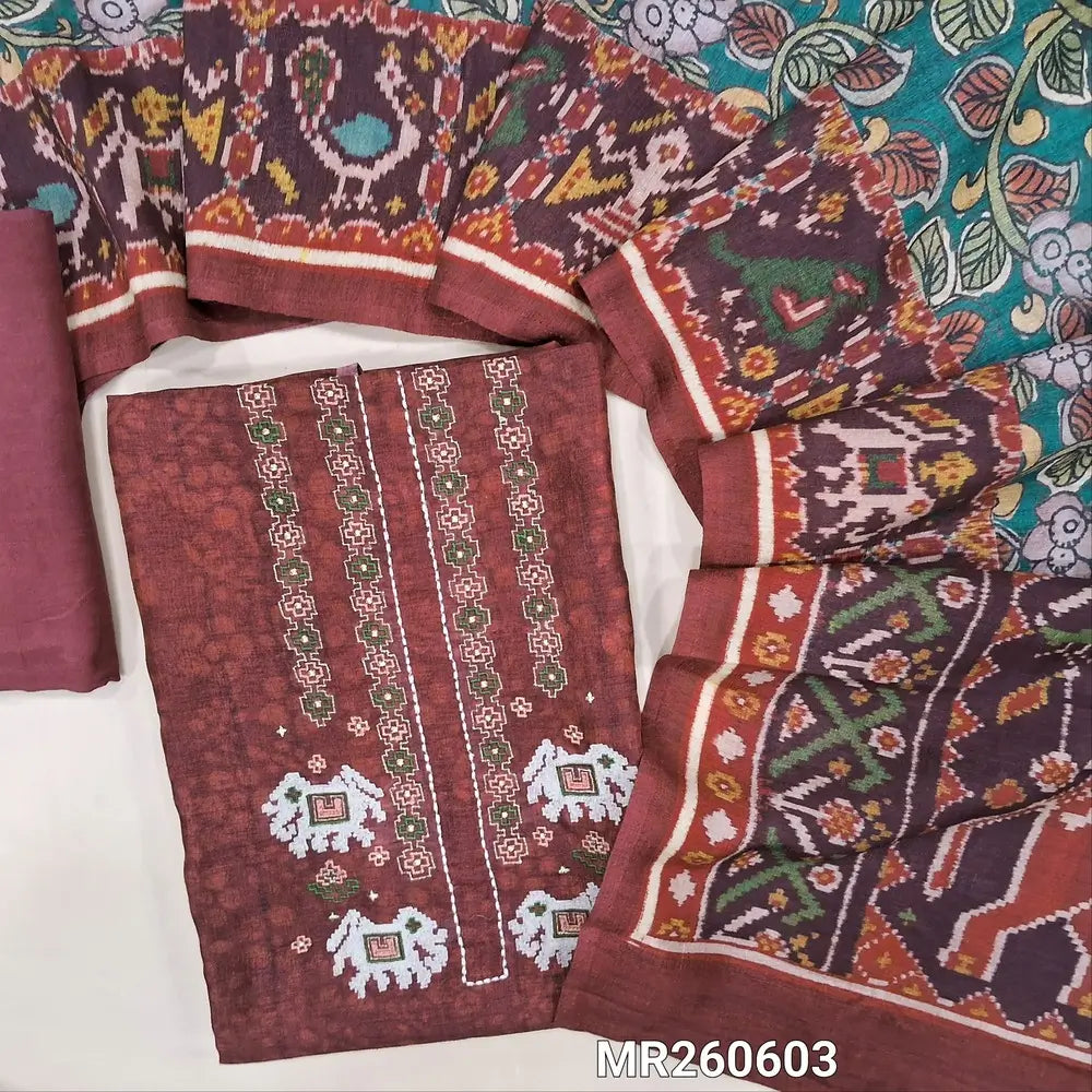 Dark maroon premium tussar silk unstitched salwar material, patola embroidery with thread and zari wok on yoke, printed yoke (lining needed) matching santoon bottom, kalamkari printed on tussar silk dupatta with patola printed pallu and borders. MR260603