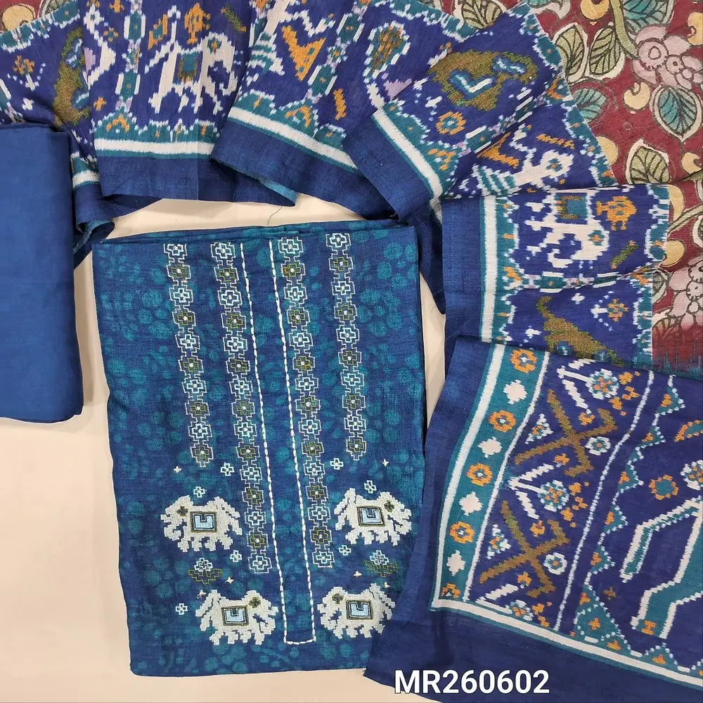 Dark blue premium tussar silk unstitched salwar material, patola embroidery with thread and zari wok on yoke, printed yoke (lining needed) matching santoon bottom, kalamkari printed on tussar silk dupatta with patola printed pallu and borders. MR260602