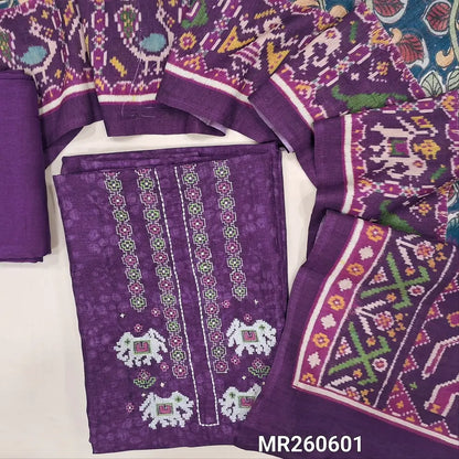 Purple premium tussar silk unstitched salwar material, patola embroidery with thread and zari wok on yoke, printed yoke (lining needed) matching santoon bottom, kalamkari printed on tussar silk dupatta with patola printed pallu and borders. MR260601