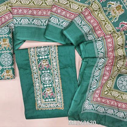Light teal green cotton unstitched salwar material,patola printed yoke with french knot and foil work(lining optional) patola printed cotton bottom,patola  printed soft cotton dupatta with pompom tapings. MR260620