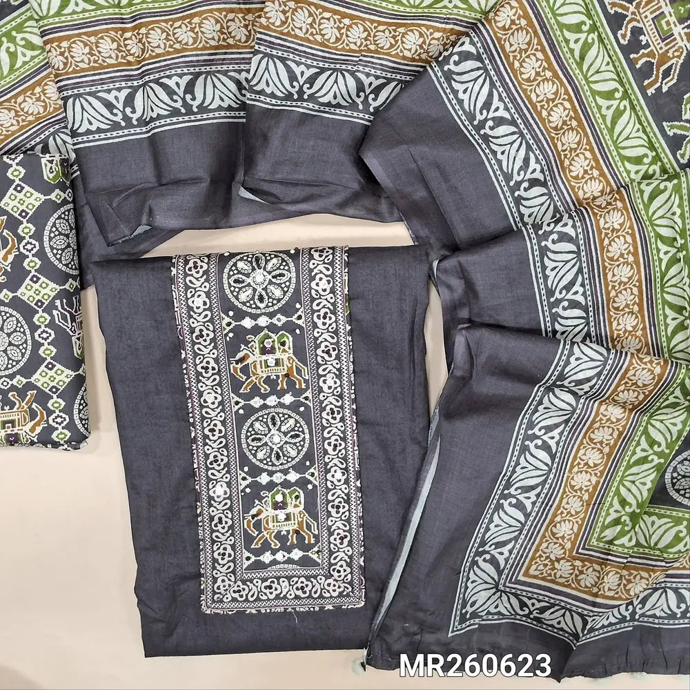 Dark grey cotton unstitched salwar material,patola printed yoke with french knot and foil work(lining optional) patola printed cotton bottom,patola  printed soft cotton dupatta with pompom tapings. MR260623