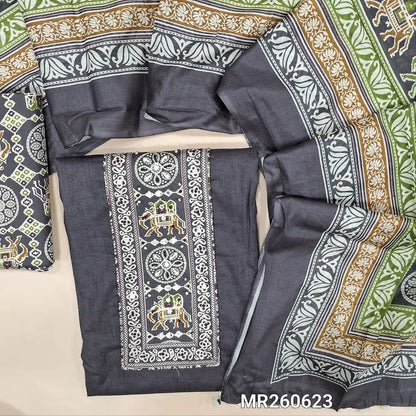 Dark grey cotton unstitched salwar material,patola printed yoke with french knot and foil work(lining optional) patola printed cotton bottom,patola  printed soft cotton dupatta with pompom tapings. MR260623