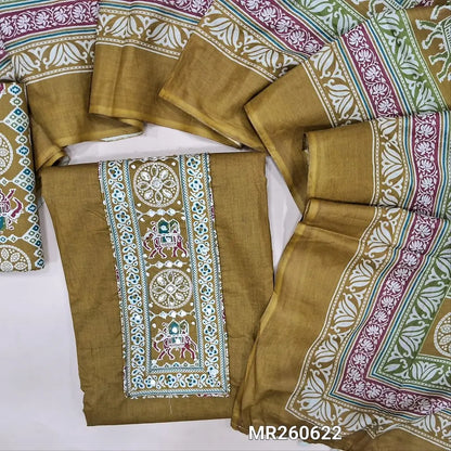 Mehandhi yellow cotton unstitched salwar material,patola printed yoke with french knot and foil work(lining optional) patola printed cotton bottom,patola  printed soft cotton dupatta with pompom tapings. MR260622
