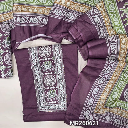 Wine purple cotton unstitched salwar material,patola printed yoke with french knot and foil work(lining optional) patola printed cotton bottom,patola  printed soft cotton dupatta with pompom tapings. MR260621