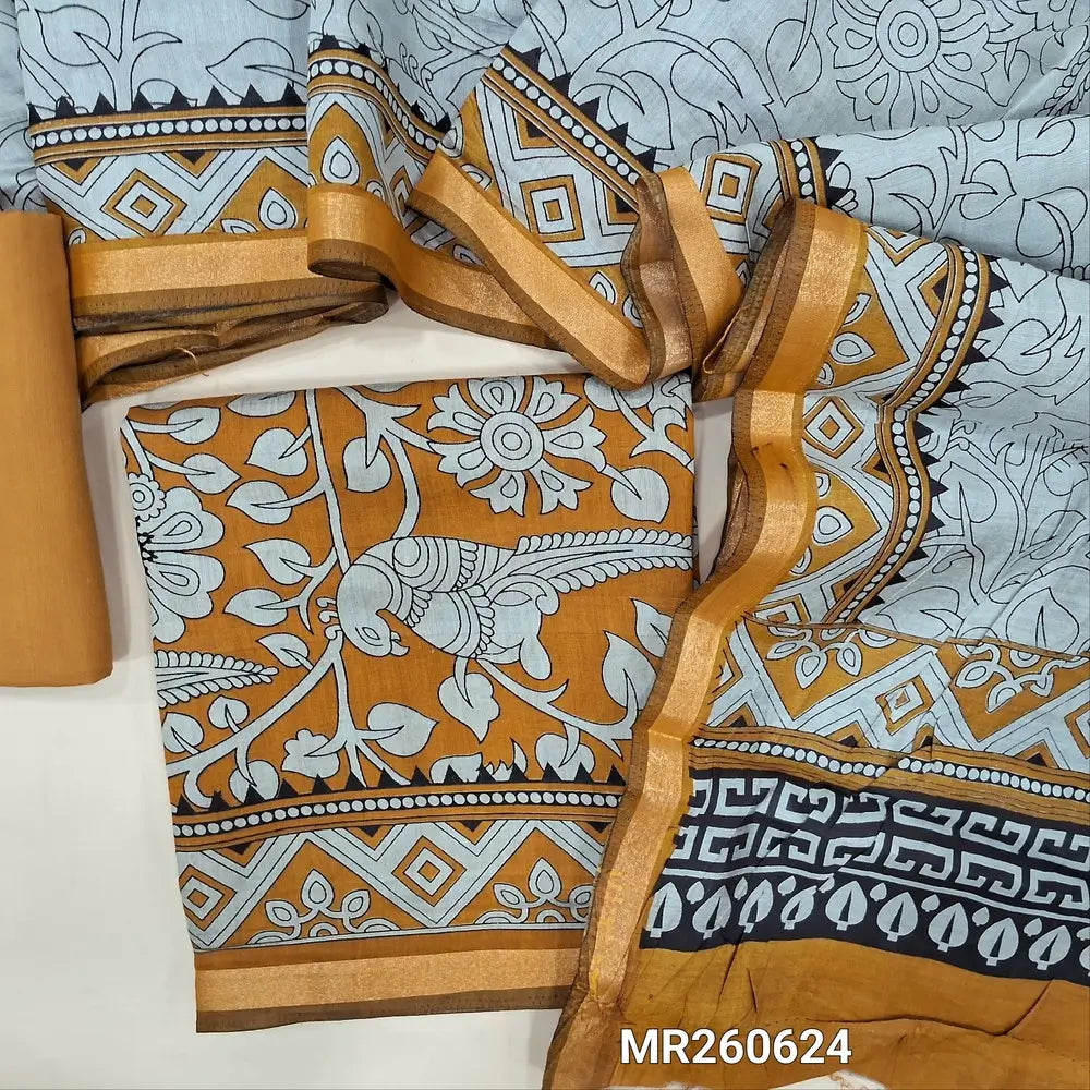 Dark mehandhi yellow kalamkari printed soft fancy silk cotton unstitched salwar material, printed all over (Soft, Lining Needed, Thin) matching cotton bottom, digital printed soft silk cotton full length dupatta (TAPINGS NEEDED). MR260624