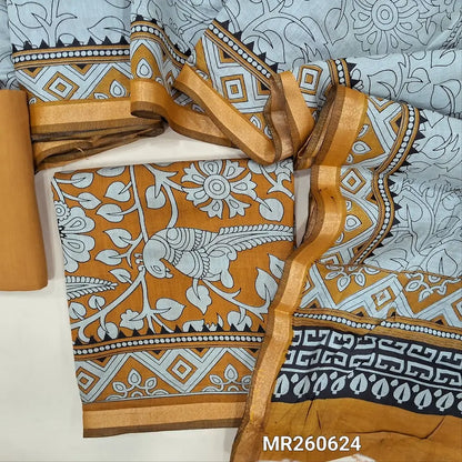 Dark mehandhi yellow kalamkari printed soft fancy silk cotton unstitched salwar material, printed all over (Soft, Lining Needed, Thin) matching cotton bottom, digital printed soft silk cotton full length dupatta (TAPINGS NEEDED). MR260624