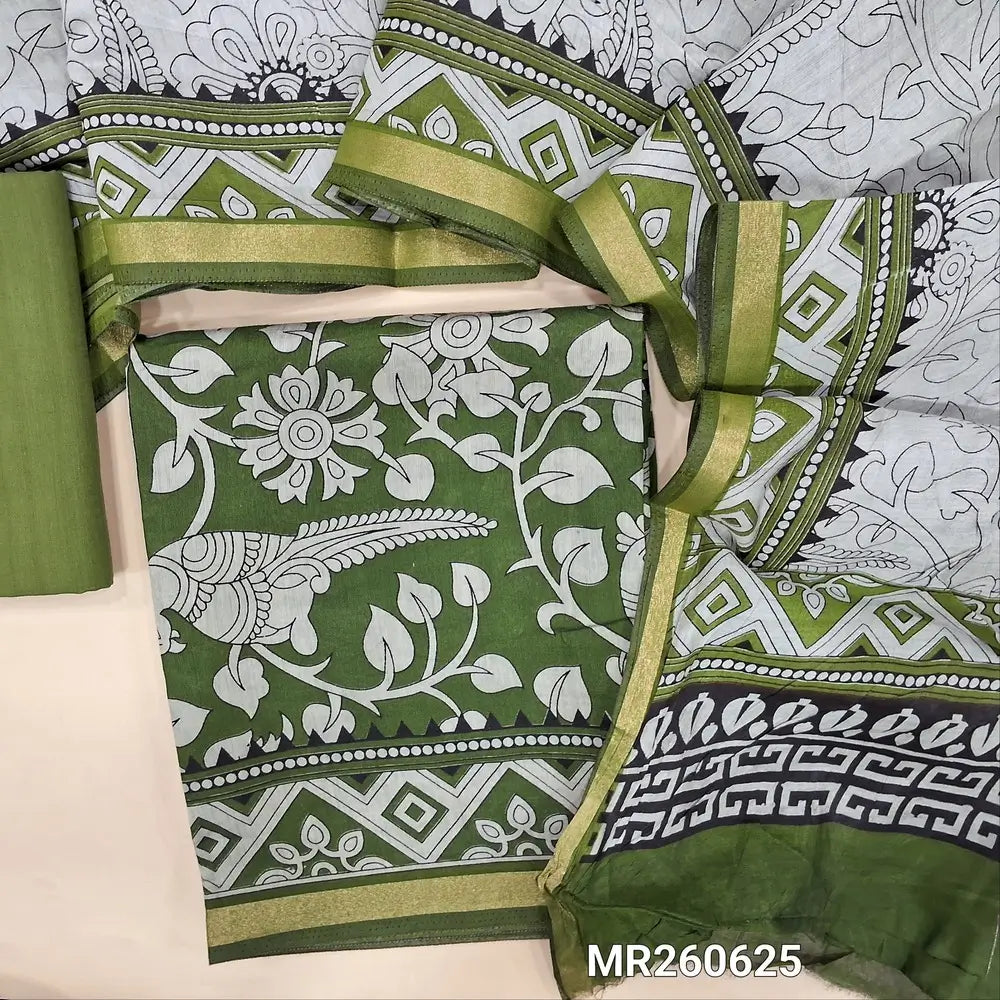 Dark green kalamkari printed soft fancy silk cotton unstitched salwar material, printed all over (Soft, Lining Needed, Thin) matching cotton bottom, digital printed soft silk cotton full length dupatta (TAPINGS NEEDED). MR260625