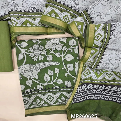 Dark green kalamkari printed soft fancy silk cotton unstitched salwar material, printed all over (Soft, Lining Needed, Thin) matching cotton bottom, digital printed soft silk cotton full length dupatta (TAPINGS NEEDED). MR260625