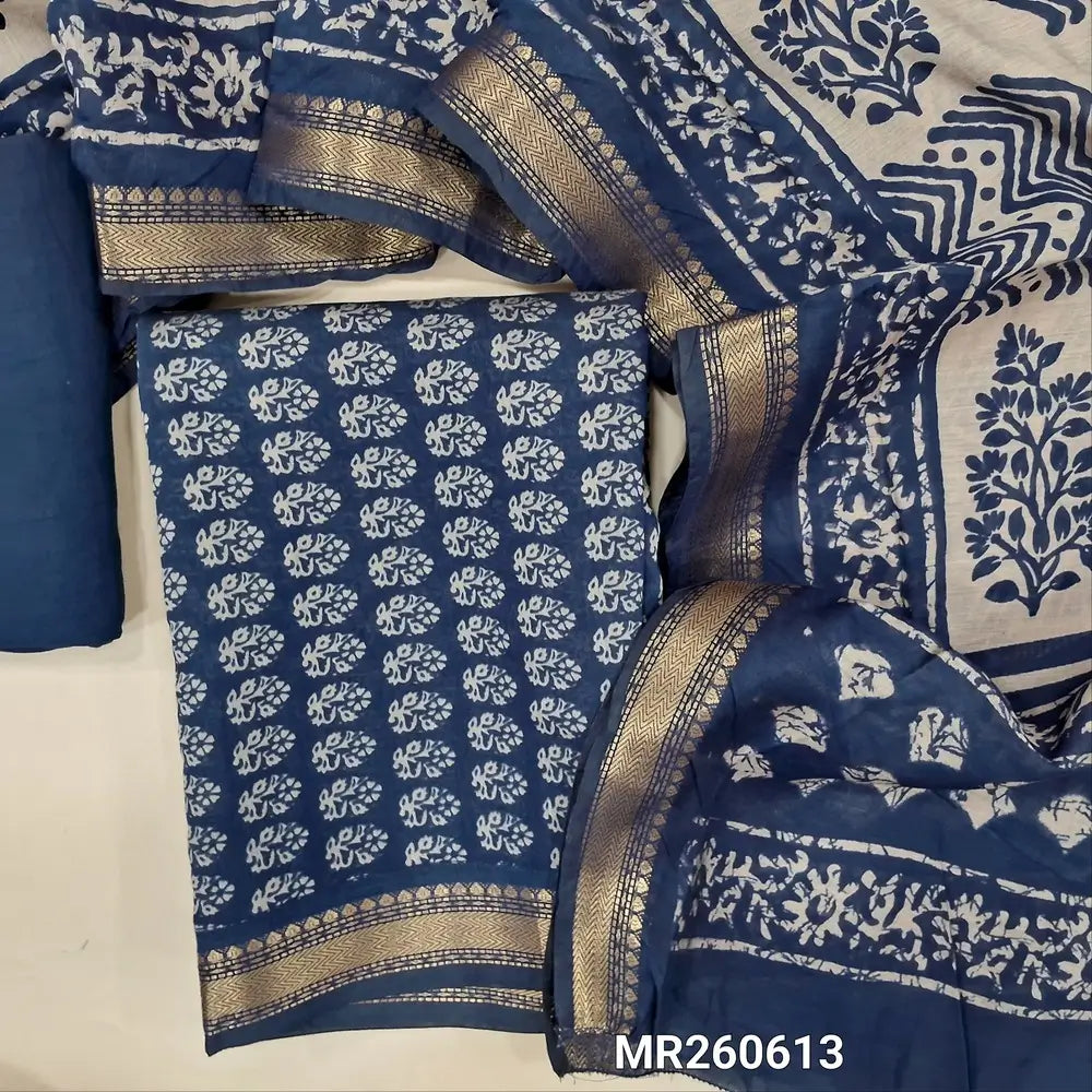 Dark blue Printed soft silk cotton unstitched salwar material (lining needed) nizam borders on daman, matching spun cotton bottom, floral printed full length silk cotton dupatta with borders. MR260613