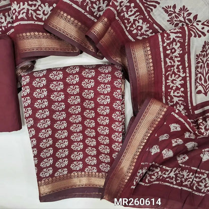 Dark maroon Printed soft silk cotton unstitched salwar material (lining needed) nizam borders on daman, matching spun cotton bottom, floral printed full length silk cotton dupatta with borders. MR260614