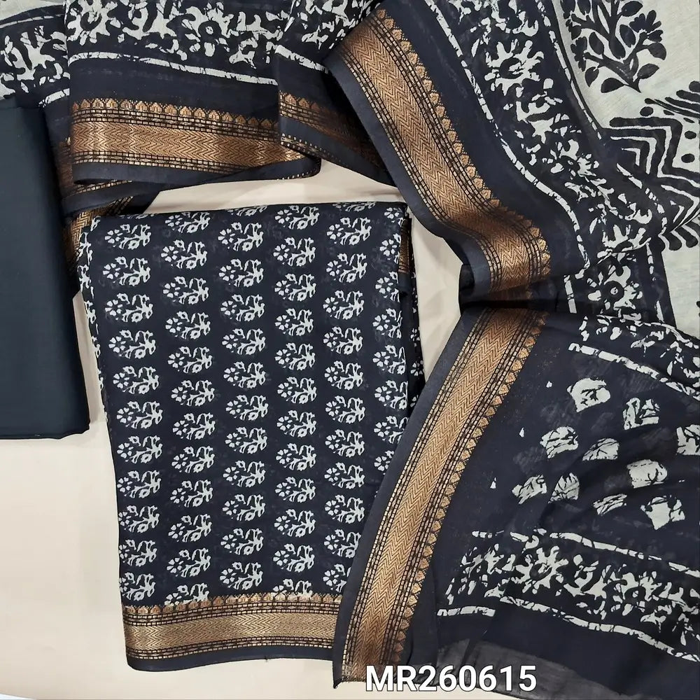 Black Printed soft silk cotton unstitched salwar material (lining needed) nizam borders on daman, matching spun cotton bottom, floral printed full length silk cotton dupatta with borders. MR260615