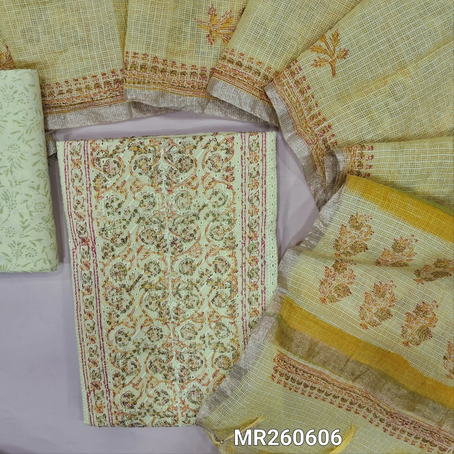 Pastel Green block printed chikankari embroidered mul cotton unstitched salwar material, panel pattern on front(lining needed)block printed cotton bottom, block printed kota cotton dupatta with gold tissue border. MR260606