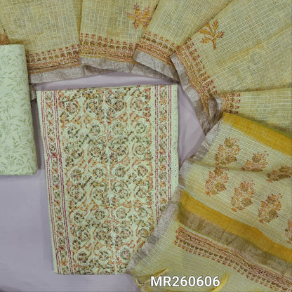 Pastel Green block printed chikankari embroidered mul cotton unstitched salwar material, panel pattern on front(lining needed)block printed cotton bottom, block printed kota cotton dupatta with gold tissue border. MR260606