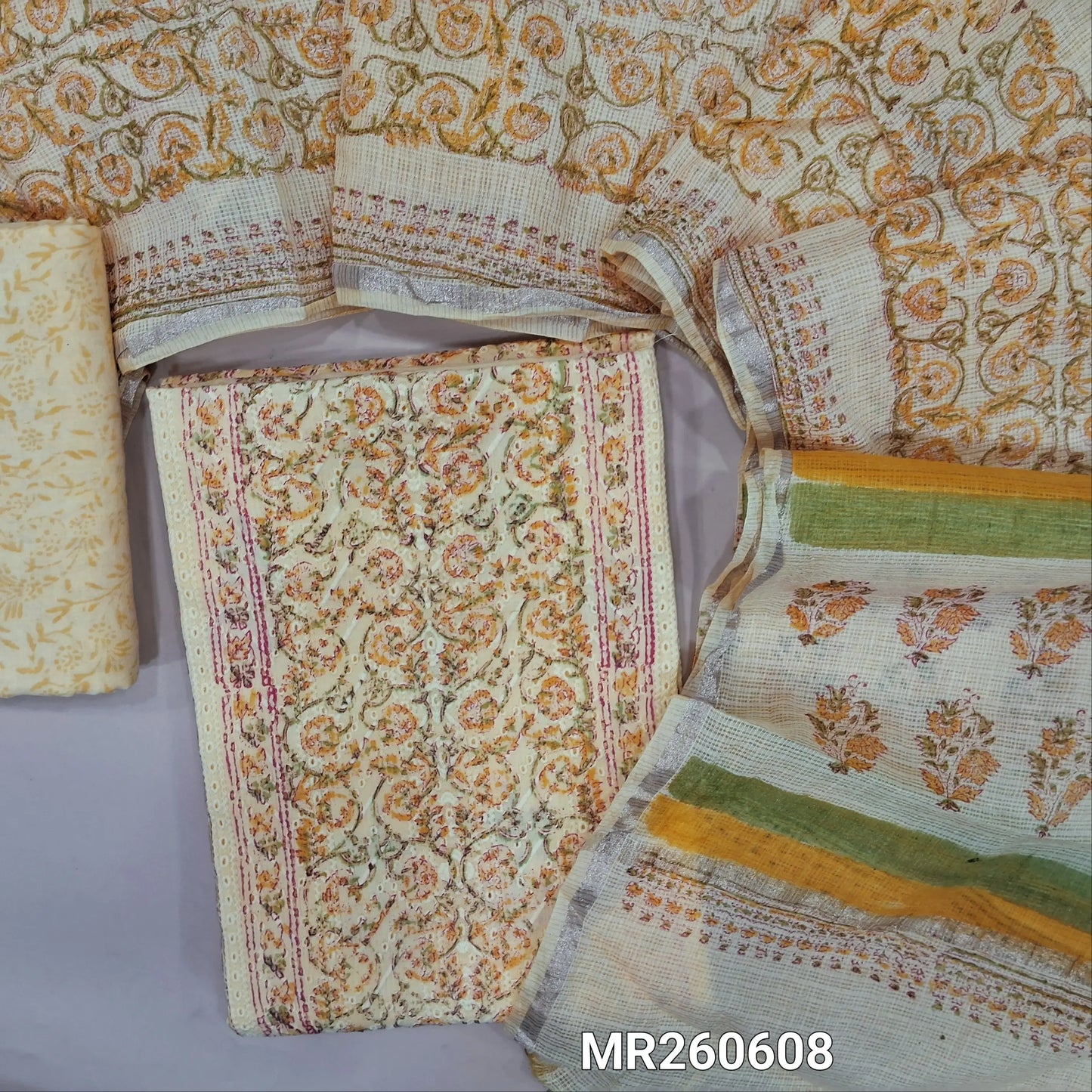 Pastel Yellow block printed chikankari embroidered mul cotton unstitched salwar material, panel pattern on front(lining needed)block printed cotton bottom, block printed kota cotton dupatta with gold tissue border. MR260608
