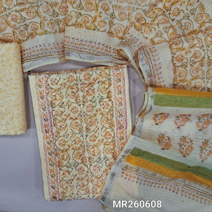 Pastel Yellow block printed chikankari embroidered mul cotton unstitched salwar material, panel pattern on front(lining needed)block printed cotton bottom, block printed kota cotton dupatta with gold tissue border. MR260608