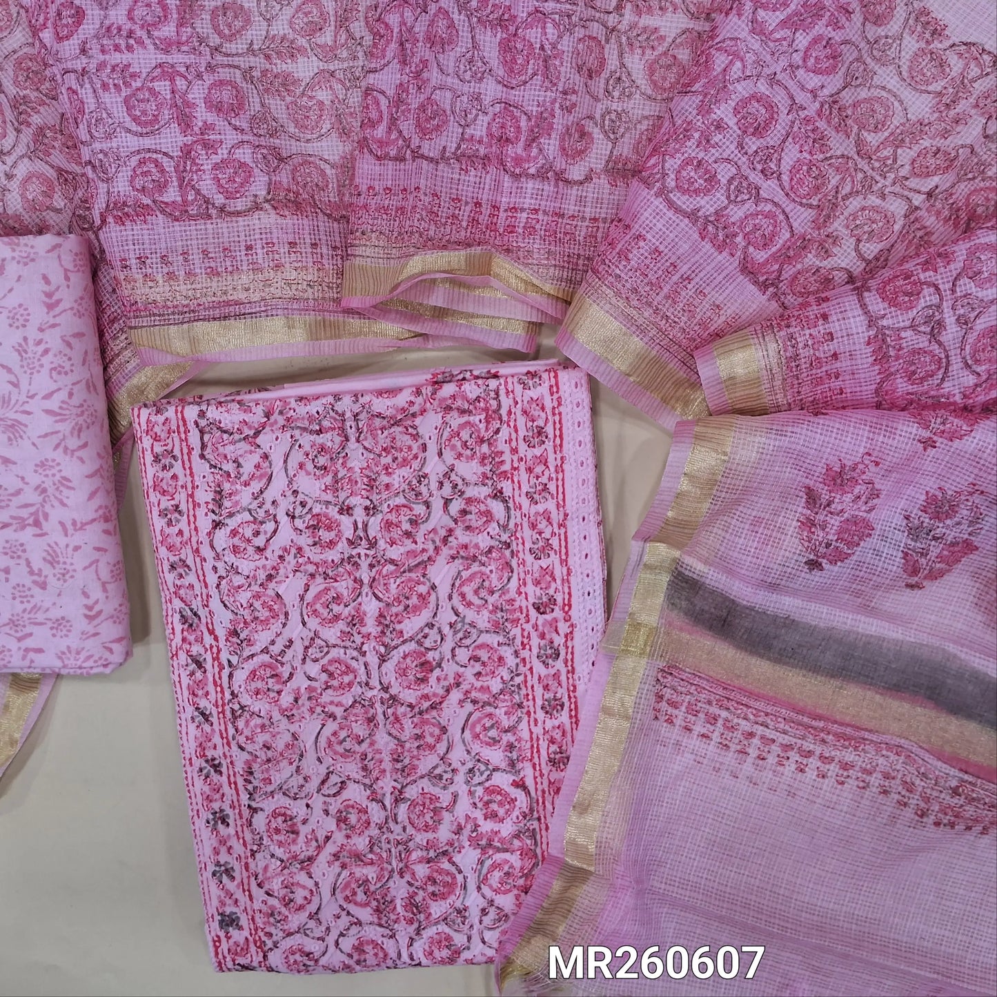 Pastel Pink block printed chikankari embroidered mul cotton unstitched salwar material, panel pattern on front(lining needed)block printed cotton bottom, block printed kota cotton dupatta with gold tissue border. MR260607