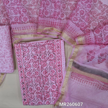 Pastel Pink block printed chikankari embroidered mul cotton unstitched salwar material, panel pattern on front(lining needed)block printed cotton bottom, block printed kota cotton dupatta with gold tissue border. MR260607