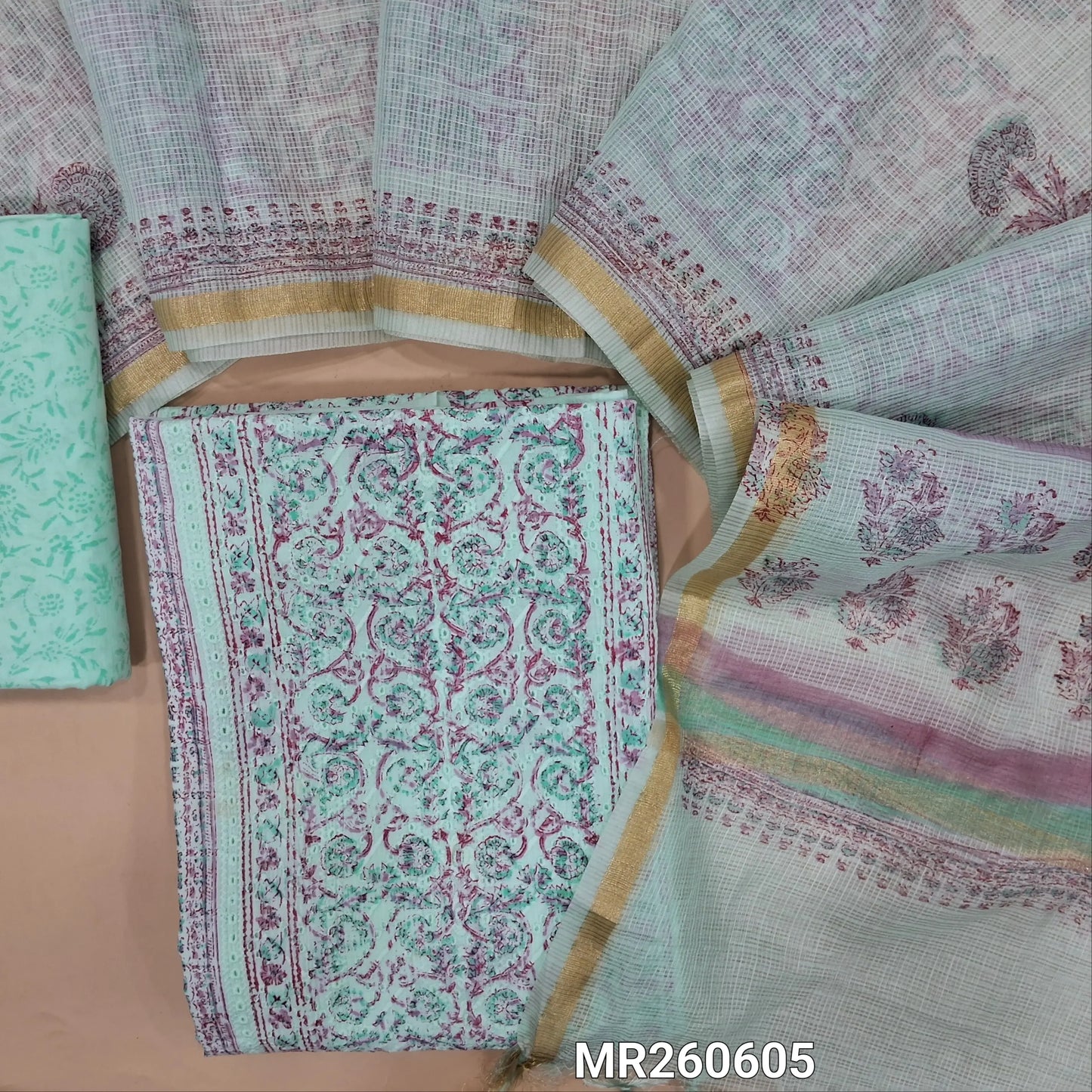 Pastel Blue block printed chikankari embroidered mul cotton unstitched salwar material, panel pattern on front(lining needed)block printed cotton bottom, block printed kota cotton dupatta with gold tissue border. MR260605