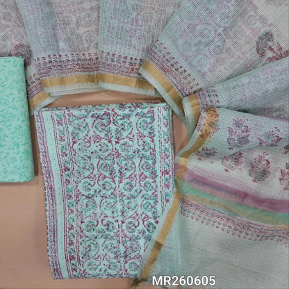 Pastel Blue block printed chikankari embroidered mul cotton unstitched salwar material, panel pattern on front(lining needed)block printed cotton bottom, block printed kota cotton dupatta with gold tissue border. MR260605
