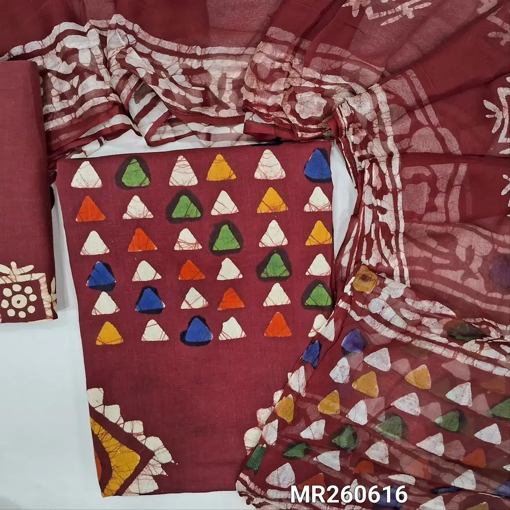 Reddish maroon multicoloured wax batik dyed pure cotton unstitched salwar material,(lining optional)batik dyed pure cotton bottom, batik design on premium chiffon dupatta (TAPPING NEEDED). MR260616