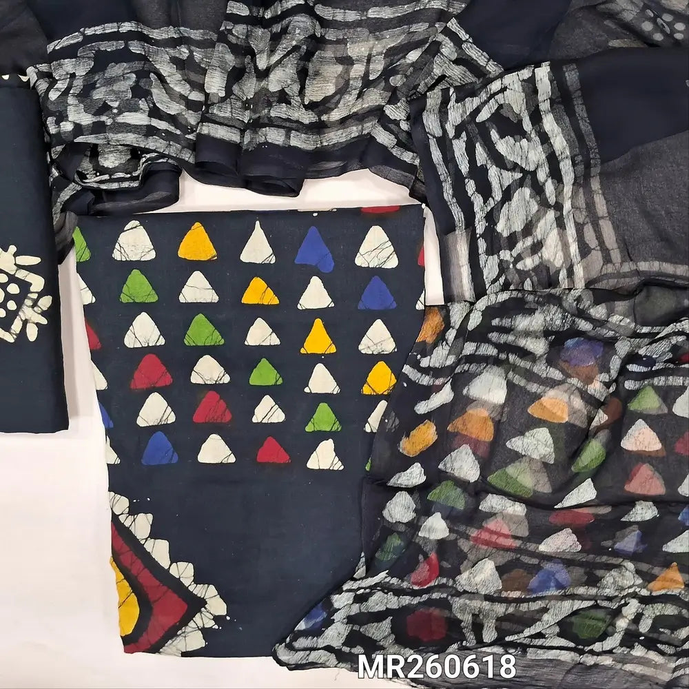 Black multicoloured wax batik dyed pure cotton unstitched salwar material,(lining optional)batik dyed pure cotton bottom, batik design on premium chiffon dupatta (TAPPING NEEDED). MR260618