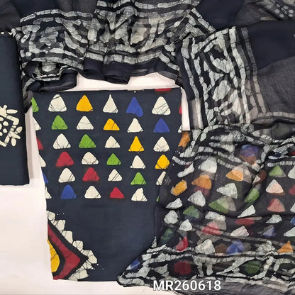Black multicoloured wax batik dyed pure cotton unstitched salwar material,(lining optional)batik dyed pure cotton bottom, batik design on premium chiffon dupatta (TAPPING NEEDED). MR260618