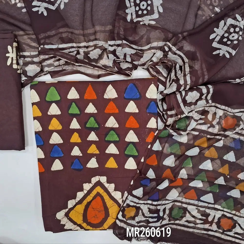 Dark maroon multicoloured wax batik dyed pure cotton unstitched salwar material,(lining optional)batik dyed pure cotton bottom, batik design on premium chiffon dupatta (TAPPING NEEDED). MR260619