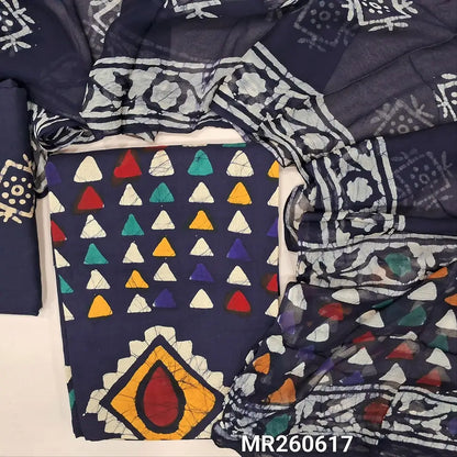 Dark blue multicoloured wax batik dyed pure cotton unstitched salwar material,(lining optional)batik dyed pure cotton bottom, batik design on premium chiffon dupatta (TAPPING NEEDED). MR260617