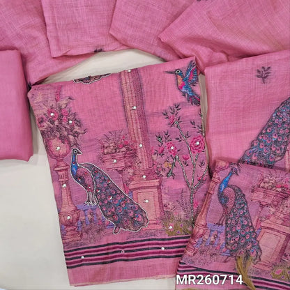 Pastel pink jamdani woven premium silk cotton unstitched salwar material,weaving design with zardozi and pearl bead work on daman(lining needed) matching cotton bottom, jamdani woven full length silk cotton dupatta with tassles. MR260714