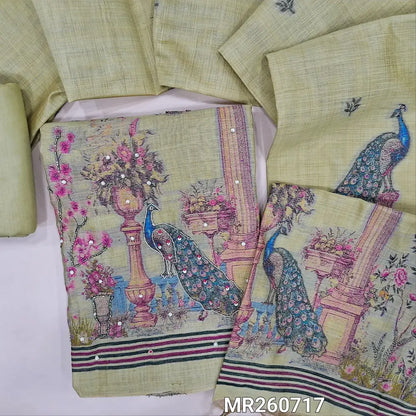 Greenish beige jamdani woven premium silk cotton unstitched salwar material,weaving design with zardozi and pearl bead work on daman(lining needed) matching cotton bottom, jamdani woven full length silk cotton dupatta with tassles. MR260717