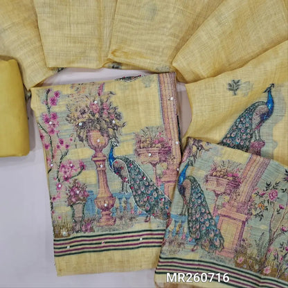 Pastel yellow jamdani woven premium silk cotton unstitched salwar material,weaving design with zardozi and pearl bead work on daman(lining needed) matching cotton bottom, jamdani woven full length silk cotton dupatta with tassles. MR260716