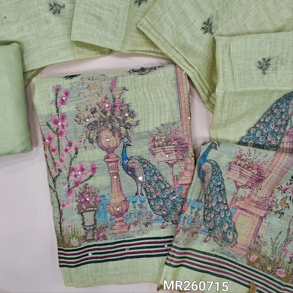 Pastel green jamdani woven premium silk cotton unstitched salwar material,weaving design with zardozi and pearl bead work on daman(lining needed) matching cotton bottom, jamdani woven full length silk cotton dupatta with tassles. MR260715