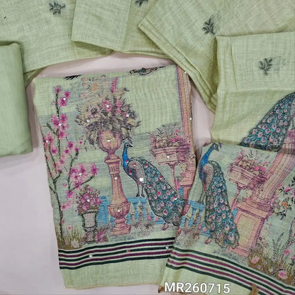 Pastel green jamdani woven premium silk cotton unstitched salwar material,weaving design with zardozi and pearl bead work on daman(lining needed) matching cotton bottom, jamdani woven full length silk cotton dupatta with tassles. MR260715