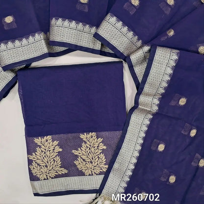 Royal blue fancy silk cotton unstitched salwar material,golden thread weaving daman border, (lining needed)NO BOTTOM,weaving buttas on fancy sik cotton dupatta with thread woven borders. MR260702