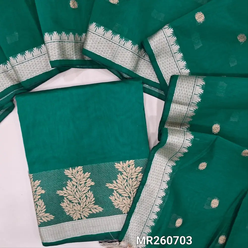 Peacock green fancy silk cotton unstitched salwar material,golden thread weaving daman border, (lining needed)NO BOTTOM,weaving buttas on fancy sik cotton dupatta with thread woven borders. MR260703