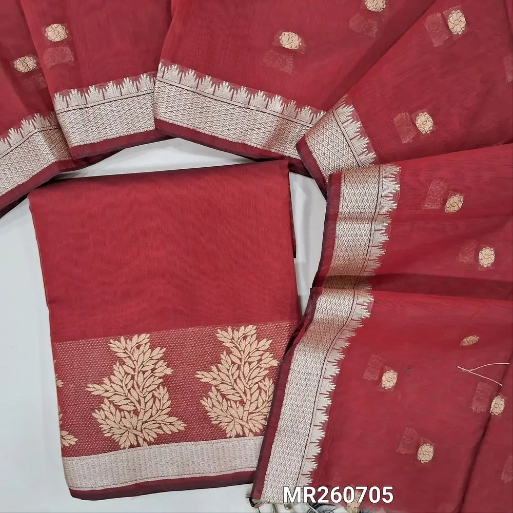 Bright maroon fancy silk cotton unstitched salwar material,golden thread weaving daman border, (lining needed)NO BOTTOM,weaving buttas on fancy sik cotton dupatta with thread woven borders. MR260705