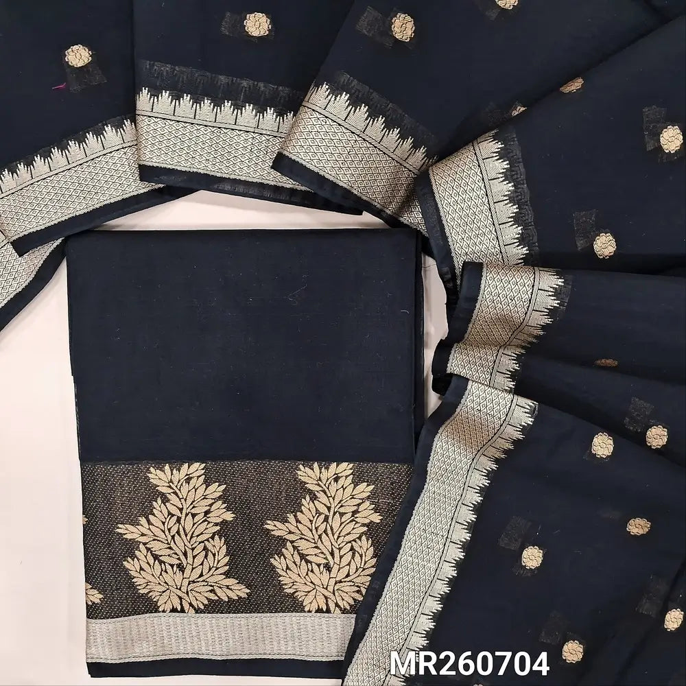 Black fancy silk cotton unstitched salwar material,golden thread weaving daman border, (lining needed)NO BOTTOM,weaving buttas on fancy sik cotton dupatta with thread woven borders. MR260704